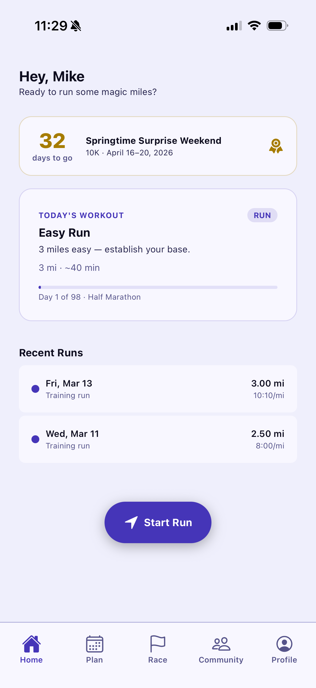 Home screen with race countdown and today's workout