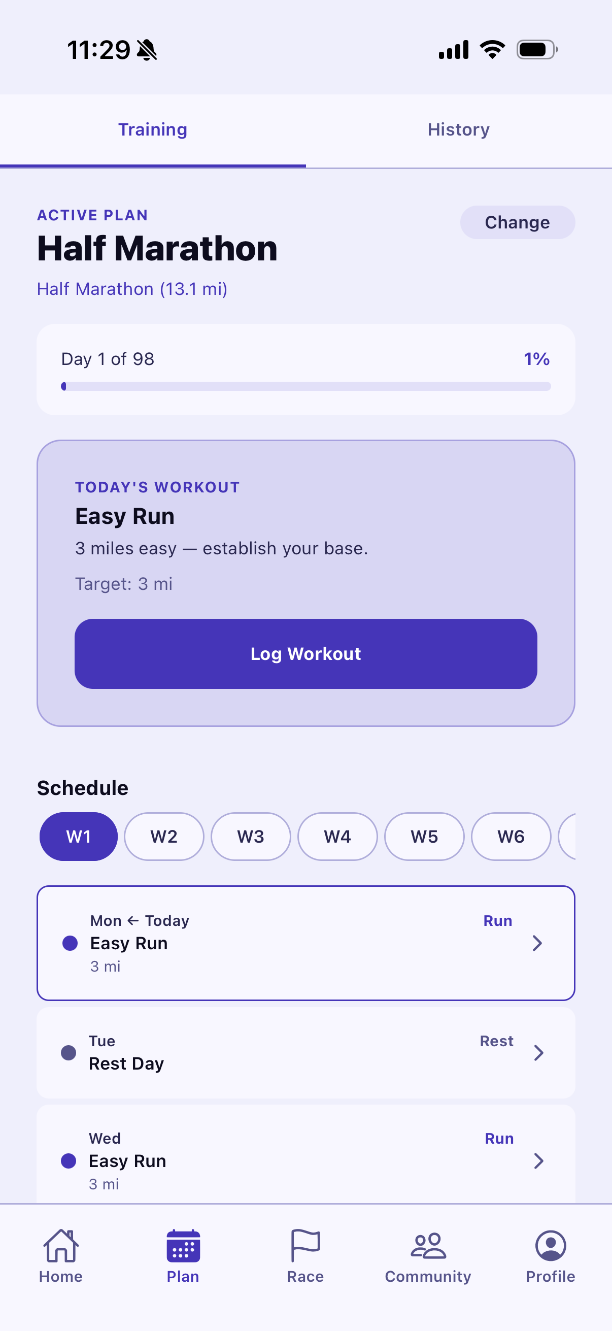 Training plan with weekly schedule