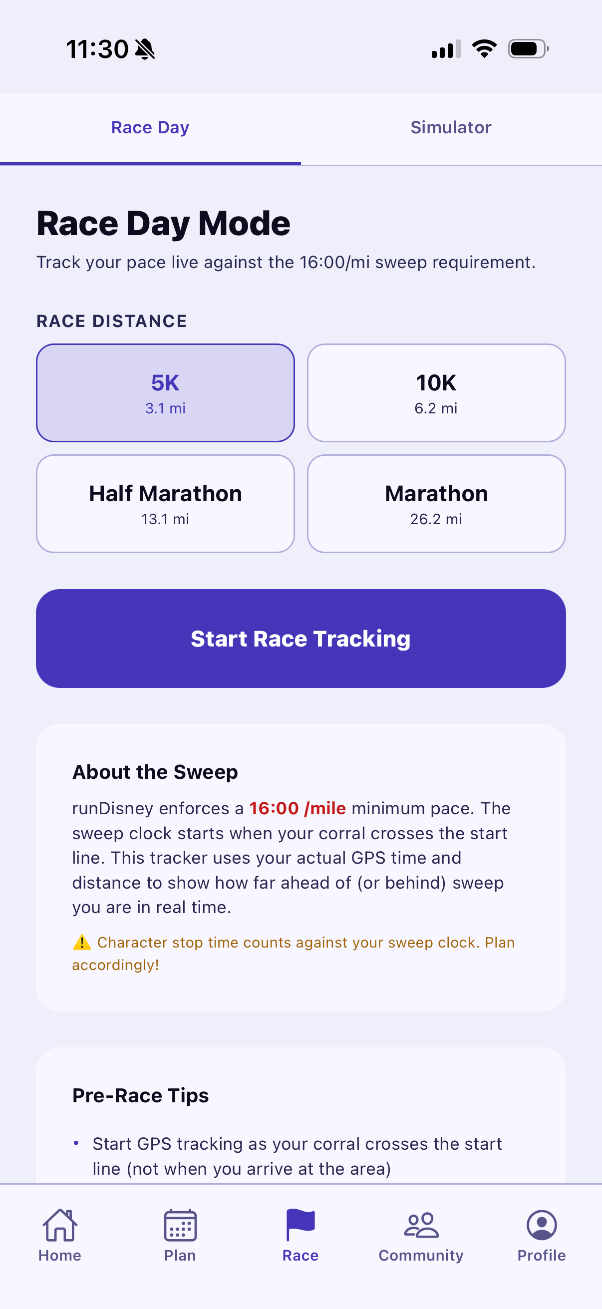 Race Day Mode with distance selection