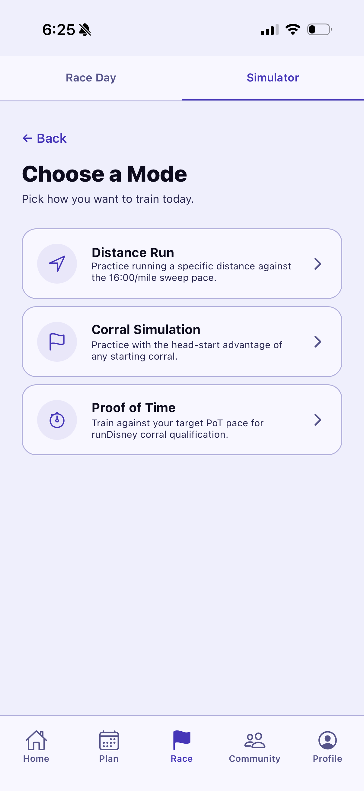 Race Simulator with corral selection and pace target